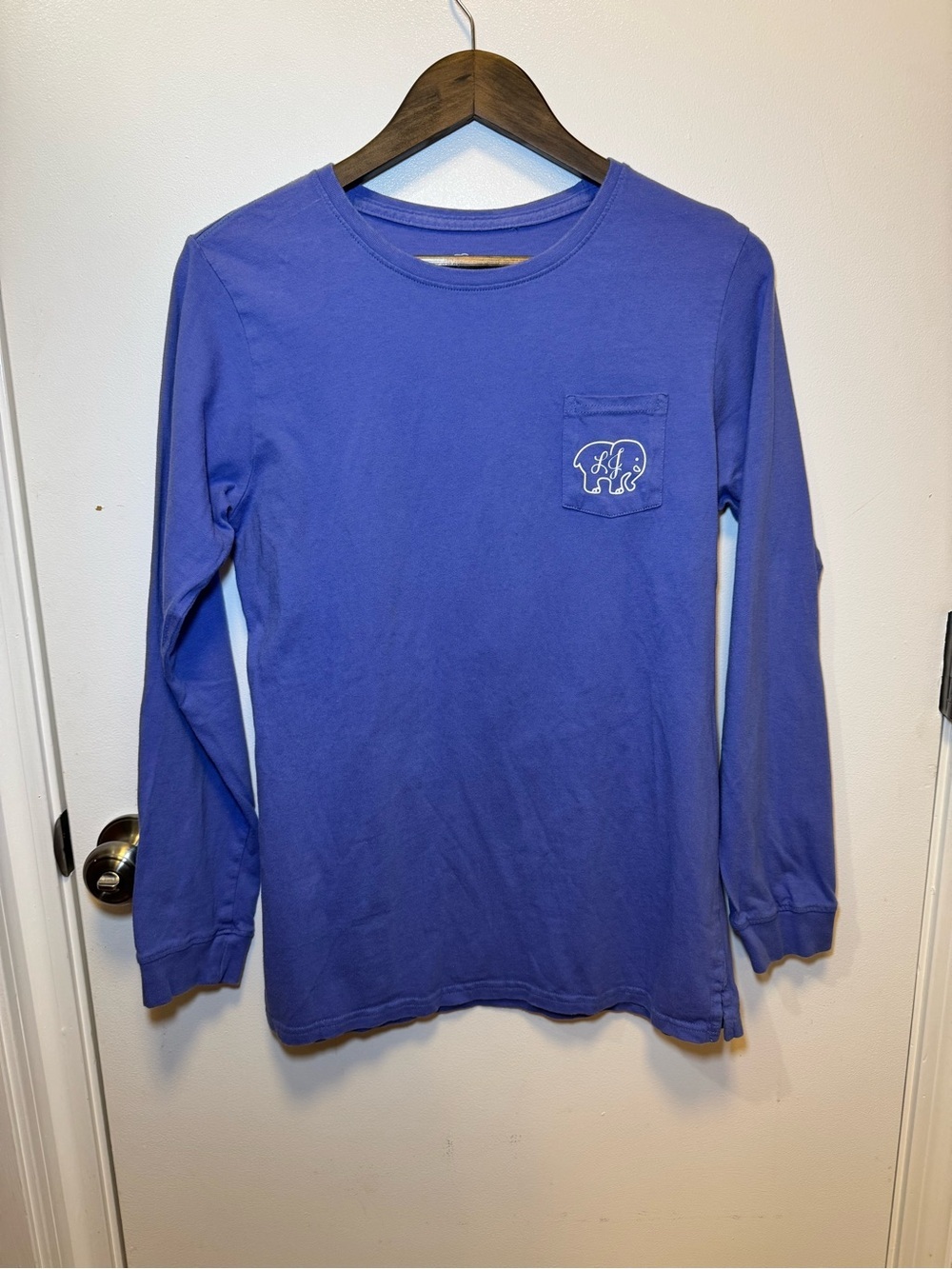 ivory ella Women’s Long-Sleeve Pocket Tee in Periwinkle Blue Elephant Print